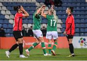 27 June 2022; Louise Quinn of Republic of Ireland, left, celebrates with team mate Lily Agg after scoring their side's sixth goal during the FIFA Women's World Cup 2023 Qualifier match between Georgia and Republic of Ireland at Tengiz Burjanadze Stadium in Gori, Georgia. Photo by Stephen McCarthy/Sportsfile