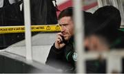 27 June 2022; Jack Byrne of Shamrock Rovers in the dugout before the SSE Airtricity League Premier Division match between St Patrick's Athletic and Shamrock Rovers at Richmond Park in Dublin. Photo by Piaras Ó Mídheach/Sportsfile