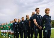 27 June 2022; Republic of Ireland manager Vera Pauw, right, alongside staff and players stand for the national anthem before the FIFA Women's World Cup 2023 Qualifier match between Georgia and Republic of Ireland at Tengiz Burjanadze Stadium in Gori, Georgia. Photo by Stephen McCarthy/Sportsfile