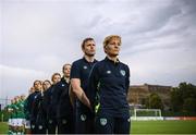 27 June 2022; Republic of Ireland manager Vera Pauw, right, alongside staff and players stand for the national anthem before the FIFA Women's World Cup 2023 Qualifier match between Georgia and Republic of Ireland at Tengiz Burjanadze Stadium in Gori, Georgia. Photo by Stephen McCarthy/Sportsfile