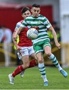 27 June 2022; Gary O'Neill of Shamrock Rovers in action against Adam O'Reilly of St Patrick's Athletic during the SSE Airtricity League Premier Division match between St Patrick's Athletic and Shamrock Rovers at Richmond Park in Dublin. Photo by Piaras Ó Mídheach/Sportsfile