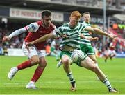 27 June 2022; Rory Gaffney of Shamrock Rovers in action against Jack Scott of St Patrick's Athletic during the SSE Airtricity League Premier Division match between St Patrick's Athletic and Shamrock Rovers at Richmond Park in Dublin. Photo by George Tewkesbury/Sportsfile