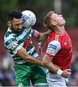 27 June 2022; Roberto Lopes of Shamrock Rovers in action against Eoin Doyle of St Patrick's Athletic during the SSE Airtricity League Premier Division match between St Patrick's Athletic and Shamrock Rovers at Richmond Park in Dublin. Photo by Piaras Ó Mídheach/Sportsfile
