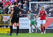 27 June 2022; Andy Lyons of Shamrock Rovers celebrates after scoring his side's first goal during the SSE Airtricity League Premier Division match between St Patrick's Athletic and Shamrock Rovers at Richmond Park in Dublin. Photo by Piaras Ó Mídheach/Sportsfile