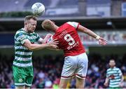 27 June 2022; Sean Hoare of Shamrock Rovers in action against Eoin Doyle of St Patrick's Athletic during the SSE Airtricity League Premier Division match between St Patrick's Athletic and Shamrock Rovers at Richmond Park in Dublin. Photo by Piaras Ó Mídheach/Sportsfile