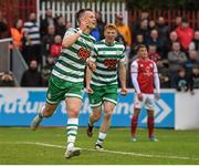 27 June 2022; Andy Lyons of Shamrock Rovers celebrates celebrates after scoring his side's first goal during the SSE Airtricity League Premier Division match between St Patrick's Athletic and Shamrock Rovers at Richmond Park in Dublin. Photo by George Tewkesbury/Sportsfile