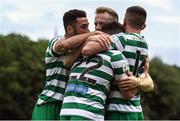 27 June 2022; Andy Lyons celebrates with team mates Roberto Lopes, left, Sean Hoare and Gary O'Neill of Shamrock Rovers after scoring his side's first goal during the SSE Airtricity League Premier Division match between St Patrick's Athletic and Shamrock Rovers at Richmond Park in Dublin. Photo by George Tewkesbury/Sportsfile