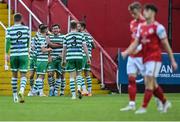 27 June 2022; Aaron Greene of Shamrock Rovers, centre, celebrates with teammates after scoring his side's second goal during the SSE Airtricity League Premier Division match between St Patrick's Athletic and Shamrock Rovers at Richmond Park in Dublin. Photo by Piaras Ó Mídheach/Sportsfile