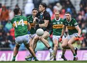 26 June 2022; Paddy Durcan of Mayo in action against Kerry players David Clifford, 14, and Paudie Clifford during the GAA Football All-Ireland Senior Championship Quarter-Final match between Kerry and Mayo at Croke Park, Dublin. Photo by Piaras Ó Mídheach/Sportsfile