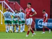 27 June 2022; Joe Redmond of St Patrick's Athletic after Aaron Greene scored the second goal for Shamrock Rovers during the SSE Airtricity League Premier Division match between St Patrick's Athletic and Shamrock Rovers at Richmond Park in Dublin. Photo by Piaras Ó Mídheach/Sportsfile