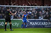 27 June 2022; Shamrock Rovers goalkeeper Alan Mannus waits to face a penalty from Eoin Doyle of St Patrick's Athletic, which was scored for St Patrick's Athletic's first goal, during the SSE Airtricity League Premier Division match between St Patrick's Athletic and Shamrock Rovers at Richmond Park in Dublin. Photo by Piaras Ó Mídheach/Sportsfile