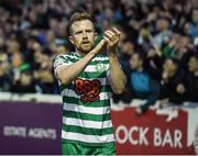 27 June 2022; Sean Hoare of Shamrock Rovers celebrates after his side's victory in the SSE Airtricity League Premier Division match between St Patrick's Athletic and Shamrock Rovers at Richmond Park in Dublin. Photo by George Tewkesbury/Sportsfile