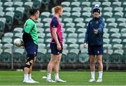 28 June 2022; Jonathan Sexton, right, in conversation with Ciaran Frawley and Jmaes Lowe during Ireland rugby squad training at North Harbour Stadium in Auckland, New Zealand. Photo by Brendan Moran/Sportsfile