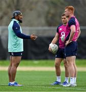28 June 2022; Bundee Aki, left, with Jordan Larmour and .cf during Ireland rugby squad training at North Harbour Stadium in Auckland, New Zealand. Photo by Brendan Moran/Sportsfile