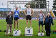 25 June 2022; Gerard O Donnell of Carrick-on-Shannon AC, Leitrim, Matthew Behan of Crusaders AC, Dublin, and David Dagg of Dundrum South Dublin AC, Dublin, on the podium after the mens 110m hurdle final during day one of the Irish Life Health National Senior Track and Field Championships 2022 at Morton Stadium in Dublin. Photo by Ramsey Cardy/Sportsfile