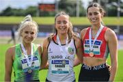 25 June 2022; Sarah Leahy of Killarney Valley AC, Kerry, Lauren Cadden of Sligo AC, Sligo, and Roseanna McGuckian of City of Lisburn AC, Down, on the podium after the womens 200m final during day one of the Irish Life Health National Senior Track and Field Championships 2022 at Morton Stadium in Dublin. Photo by Ramsey Cardy/Sportsfile
