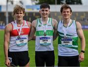25 June 2022; Andrew Egan of Galway City Harriers AC, Galway, Mark Smyth of Raheny Shamrock AC, Dublin, and Luke Morris of Emerald AC, Limerick, on the podium after the mens 200m final during day one of the Irish Life Health National Senior Track and Field Championships 2022 at Morton Stadium in Dublin. Photo by Ramsey Cardy/Sportsfile