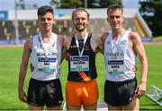 25 June 2022; Finley Daly of Sligo AC, Sligo, Jayme Rossiter of Clonliffe Harriers AC, Dublin, and Liam Harris of Togher AC, Cork, on the podium after the 3000, steeplechase during day one of the Irish Life Health National Senior Track and Field Championships 2022 at Morton Stadium in Dublin. Photo by Ramsey Cardy/Sportsfile