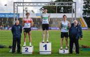 25 June 2022; Andrew Egan of Galway City Harriers AC, Galway, Mark Smyth of Raheny Shamrock AC, Dublin, and Luke Morris of Emerald AC, Limerick, on the podium after the mens 200m final during day one of the Irish Life Health National Senior Track and Field Championships 2022 at Morton Stadium in Dublin. Photo by Ramsey Cardy/Sportsfile