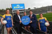 28 June 2022; ZuCar are the new title sponsors of the All-Ireland Ladies Minor Football Championships. This announcement extends the partnership between the Ladies Gaelic Football Association and ZuCar, who are the LGFA’s official Performance Partner and Gaelic4Teens sponsors. In attendance at Croke Park to mark the announcement are, from left, Antrim captain and ZuCar #Gaelic4Teens ambassador, Cathy Carey, Gavin Hydes, Chief Executive Officer, ZuCar, Dublin footballer Niamh Hetherton, Mícheál Naughton, President, LGFA, and Wicklow player and ZuCar #Gaelic4Teens ambassador Jackie Kinch. Photo by Ramsey Cardy/Sportsfile
