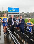 28 June 2022; ZuCar are the new title sponsors of the All-Ireland Ladies Minor Football Championships. This announcement extends the partnership between the Ladies Gaelic Football Association and ZuCar, who are the LGFA’s official Performance Partner and Gaelic4Teens sponsors. In attendance at Croke Park to mark the announcement are, from left, Antrim captain and ZuCar #Gaelic4Teens ambassador, Cathy Carey, Gavin Hydes, Chief Executive Officer, ZuCar, Dublin footballer Niamh Hetherton, Mícheál Naughton, President, LGFA, and Wicklow player and ZuCar #Gaelic4Teens ambassador, Jackie Kinch. Photo by Ramsey Cardy/Sportsfile