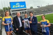 28 June 2022; ZuCar are the new title sponsors of the All-Ireland Ladies Minor Football Championships. This announcement extends the partnership between the Ladies Gaelic Football Association and ZuCar, who are the LGFA’s official Performance Partner and Gaelic4Teens sponsors. In attendance at Croke Park to mark the announcement are, from left, Antrim captain and ZuCar #Gaelic4Teens ambassador, Cathy Carey, Gavin Hydes, Chief Executive Officer, ZuCar, Dublin footballer Niamh Hetherton, Mícheál Naughton, President, LGFA, and Wicklow player and ZuCar #Gaelic4Teens ambassador, Jackie Kinch. Photo by Ramsey Cardy/Sportsfile