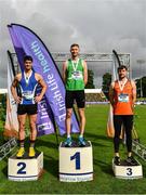 26 June 2022; Men's high jump medallists, from left, Kourosh Foroughi of Star of the Sea AC, Meath, silver, David Cussen of Old Abbey AC, Cork, gold, and Joseph McEvoy of Nenagh Olympic AC,  Tipperary, bronze, during day two of the Irish Life Health National Senior Track and Field Championships 2022 at Morton Stadium in Dublin. Photo by Sam Barnes/Sportsfile