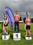 26 June 2022; Men's triple jump medallists, from left, Jai Benson of Liverpool Harriers AC, silver, Conall Mahon of Tír Chonaill AC, Donegal, gold, and Joshua Knox of City of Lisburn AC, Down, bronze,  during day two of the Irish Life Health National Senior Track and Field Championships 2022 at Morton Stadium in Dublin. Photo by Sam Barnes/Sportsfile