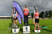 26 June 2022; Men's triple jump medallists, from left, Jai Benson of Liverpool Harriers AC, silver, Conall Mahon of Tír Chonaill AC, Donegal, gold, and Joshua Knox of City of Lisburn AC, Down, bronze,  during day two of the Irish Life Health National Senior Track and Field Championships 2022 at Morton Stadium in Dublin. Photo by Sam Barnes/Sportsfile