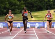 26 June 2022; Joan Healy of Leevale AC, Cork, left, Rhasidat Adeleke of Tallaght AC, Dublin, Lauren Roy of City of Lisburn AC, Antrim, right, competing in the women's 100m during day two of the Irish Life Health National Senior Track and Field Championships 2022 at Morton Stadium in Dublin. Photo by George Tewkesbury/Sportsfile