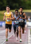 26 June 2022; Darragh Mc Elhinney of UCD AC, Dublin, left, Haso Tonosa of Dundrum South Dublin AC, Dublin, Efrem Gidey of Clonliffe Harriers AC, Dublin, competing in the men's 5000m during day two of the Irish Life Health National Senior Track and Field Championships 2022 at Morton Stadium in Dublin. Photo by George Tewkesbury/Sportsfile