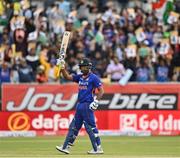 28 June 2022; Sanju Samson of India acknowledges the crowd after bringing up his half century during the LevelUp11 Second Men's T20 International match between Ireland and India at Malahide Cricket Club in Dublin. Photo by Sam Barnes/Sportsfile