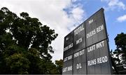 28 June 2022; A general view of the scoreboard before the LevelUp11 Second Men's T20 International match between Ireland and India at Malahide Cricket Club in Dublin. Photo by Sam Barnes/Sportsfile