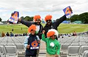 28 June 2022; India supporters from left, Eric Geo, ten years, Shefin Shaju, Evan Geo, 6, and Geo Sebastian, from Clonee in Meath before the LevelUp11 Second Men's T20 International match between Ireland and India at Malahide Cricket Club in Dublin. Photo by Sam Barnes/Sportsfile