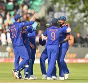 28 June 2022; India players including Hardik Pandya, right, celebrate the wicket of Gareth Delany of Ireland during the LevelUp11 Second Men's T20 International match between Ireland and India at Malahide Cricket Club in Dublin. Photo by Sam Barnes/Sportsfile