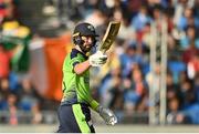 28 June 2022; Andrew Balbirnie of Ireland acknowledges the crowd after bringing up his half century during the LevelUp11 Second Men's T20 International match between Ireland and India at Malahide Cricket Club in Dublin. Photo by Sam Barnes/Sportsfile