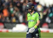 28 June 2022; A dejected Andrew Balbirnie of Ireland after being caught during the LevelUp11 Second Men's T20 International match between Ireland and India at Malahide Cricket Club in Dublin. Photo by George Tewkesbury/Sportsfile