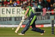 28 June 2022; Lorcan Tucker of Ireland plays a shot during the LevelUp11 Second Men's T20 International match between Ireland and India at Malahide Cricket Club in Dublin. Photo by Sam Barnes/Sportsfile
