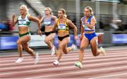 26 June 2022; Molly Scott of St Laurence O'Toole AC, Carlow, right, competing in the women's 100m semi-finals during day two of the Irish Life Health National Senior Track and Field Championships 2022 at Morton Stadium in Dublin. Photo by Sam Barnes/Sportsfile