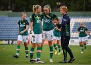 27 June 2022; Republic of Ireland manager Vera Pauw speaks to Diane Caldwell, left, and Louise Quinn before the FIFA Women's World Cup 2023 Qualifier match between Georgia and Republic of Ireland at Tengiz Burjanadze Stadium in Gori, Georgia. Photo by Stephen McCarthy/Sportsfile