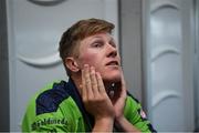 28 June 2022; A dejected Harry Tector of Ireland during the press conference after the LevelUp11 Second Men's T20 International match between Ireland and India at Malahide Cricket Club in Dublin. Photo by George Tewkesbury/Sportsfile