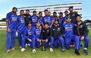 28 June 2022; The India team celebrate with the trophy Stake.com Trophy after the LevelUp11 Second Men's T20 International match between Ireland and India at Malahide Cricket Club in Dublin. Photo by Sam Barnes/Sportsfile