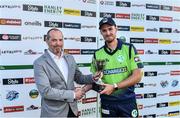 28 June 2022; Mark Adair of Ireland is presented with the Amazon Pay promising player of the match award by Cricket Ireland chief financial officer Andrew May the LevelUp11 Second Men's T20 International match between Ireland and India at Malahide Cricket Club in Dublin. Photo by Sam Barnes/Sportsfile