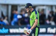 28 June 2022; Harry Tector of Ireland reacts after being dismissed during the LevelUp11 Second Men's T20 International match between Ireland and India at Malahide Cricket Club in Dublin. Photo by Sam Barnes/Sportsfile