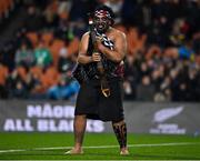 29 June 2022; A traditional Maori greeting is performed before the entrance of the teams before the match between the Maori All Blacks and Ireland at the FMG Stadium in Hamilton, New Zealand. Photo by Brendan Moran/Sportsfile