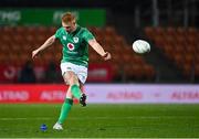 29 June 2022; Ciaran Frawley of Ireland kicks a penalty during the match between the Maori All Blacks and Ireland at the FMG Stadium in Hamilton, New Zealand. Photo by Brendan Moran/Sportsfile