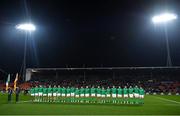 29 June 2022; The Ireland team stand for the anthems before the match between the Maori All Blacks and Ireland at the FMG Stadium in Hamilton, New Zealand. Photo by Brendan Moran/Sportsfile