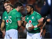 29 June 2022; Bundee Aki of Ireland, right, celebrates with teammate Jimmy O’Brien after scoring their side's first try during the match between the Maori All Blacks and Ireland at the FMG Stadium in Hamilton, New Zealand. Photo by Brendan Moran/Sportsfile