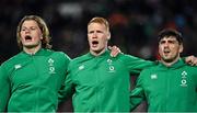 29 June 2022; Ireland debutants, from left, Cian Prendergast, Ciaran Frawley and Jimmy O'Brien sing Ireland's Call before the match between the Maori All Blacks and Ireland at the FMG Stadium in Hamilton, New Zealand. Photo by Brendan Moran/Sportsfile