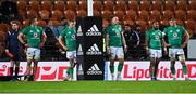 29 June 2022; Ireland players, from left, Cian Prendergast, Ciaran Frawley, Kieran Treadwell, Bundee Aki and Gavin Coombes await a conversion after a Maori All Blacks try during the match between the Maori All Blacks and Ireland at the FMG Stadium in Hamilton, New Zealand. Photo by Brendan Moran/Sportsfile